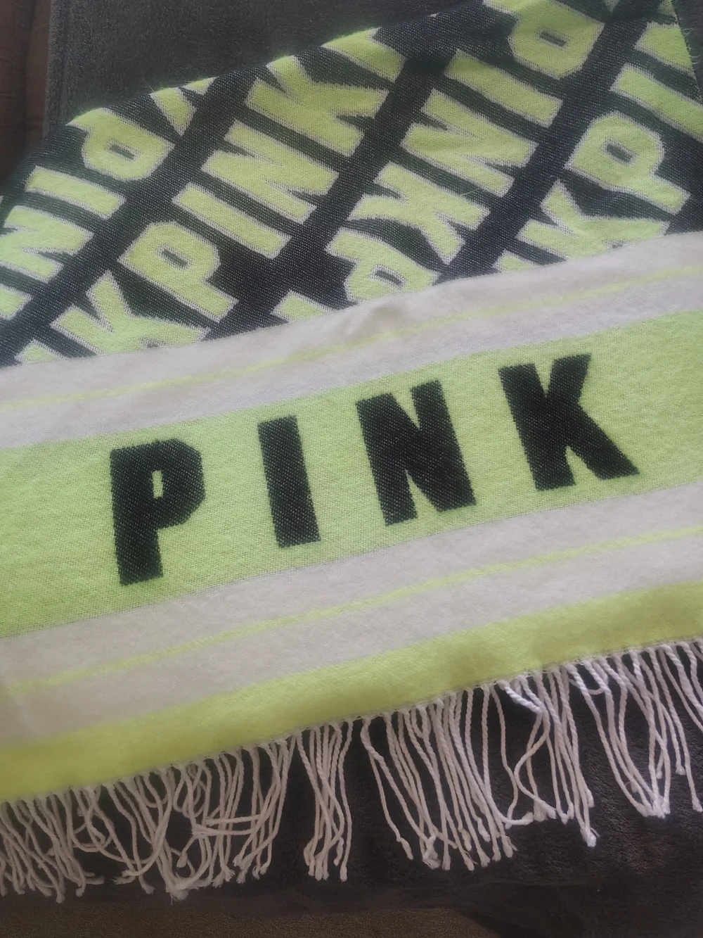 PINK Victoria's Secret Neon Yellow & Black Logo Fringe Scarf Wrap